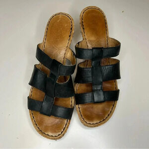 Born 3 Black Leather Strap Wedge Heel Slip On Sandal Womens Size 9 GUC